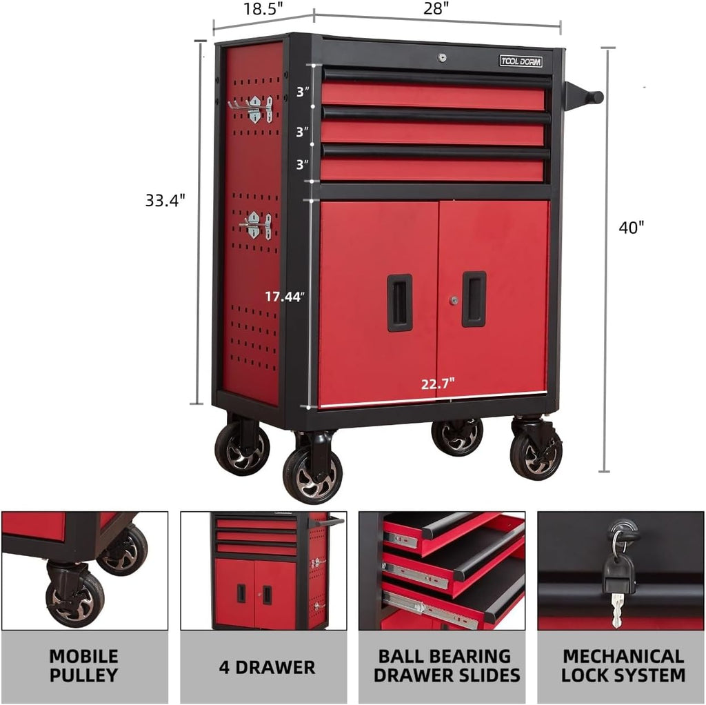 Tool Chest with Wheels - 28inch Tool Box with 3 Drawers & 1 Big Tool Cabinet with 2 Door, Metal Rolling Tool Cabinet with Locking System, for Garage, Warehouse, Workshop, Repair Shop