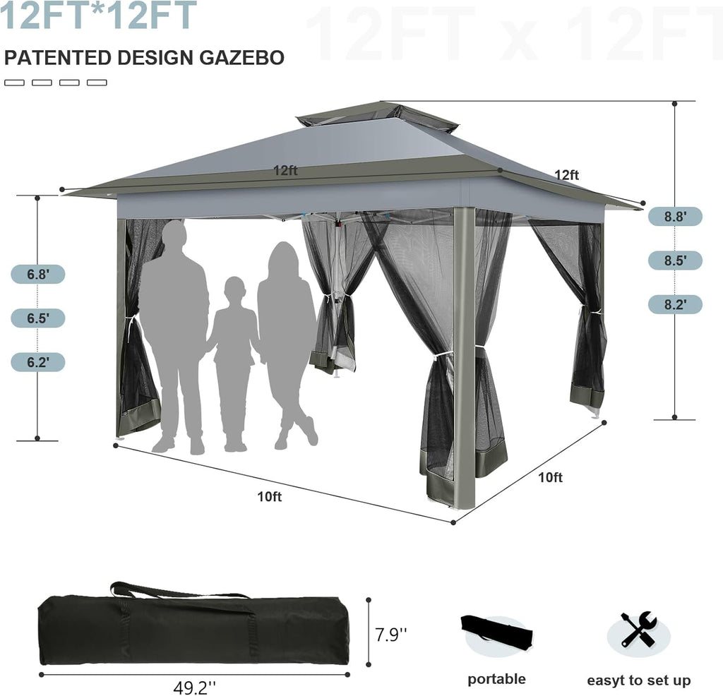 COBIZI 12x12 FT Pop up Gazebo on Clearance Outdoor pop up Canopy Tent,carpas para Patio, Shelter Tents with Netting & Portable Carry Bag, Patio Gazebos for Camping, Garden & Lawn, Darkgrey(Upgraded)