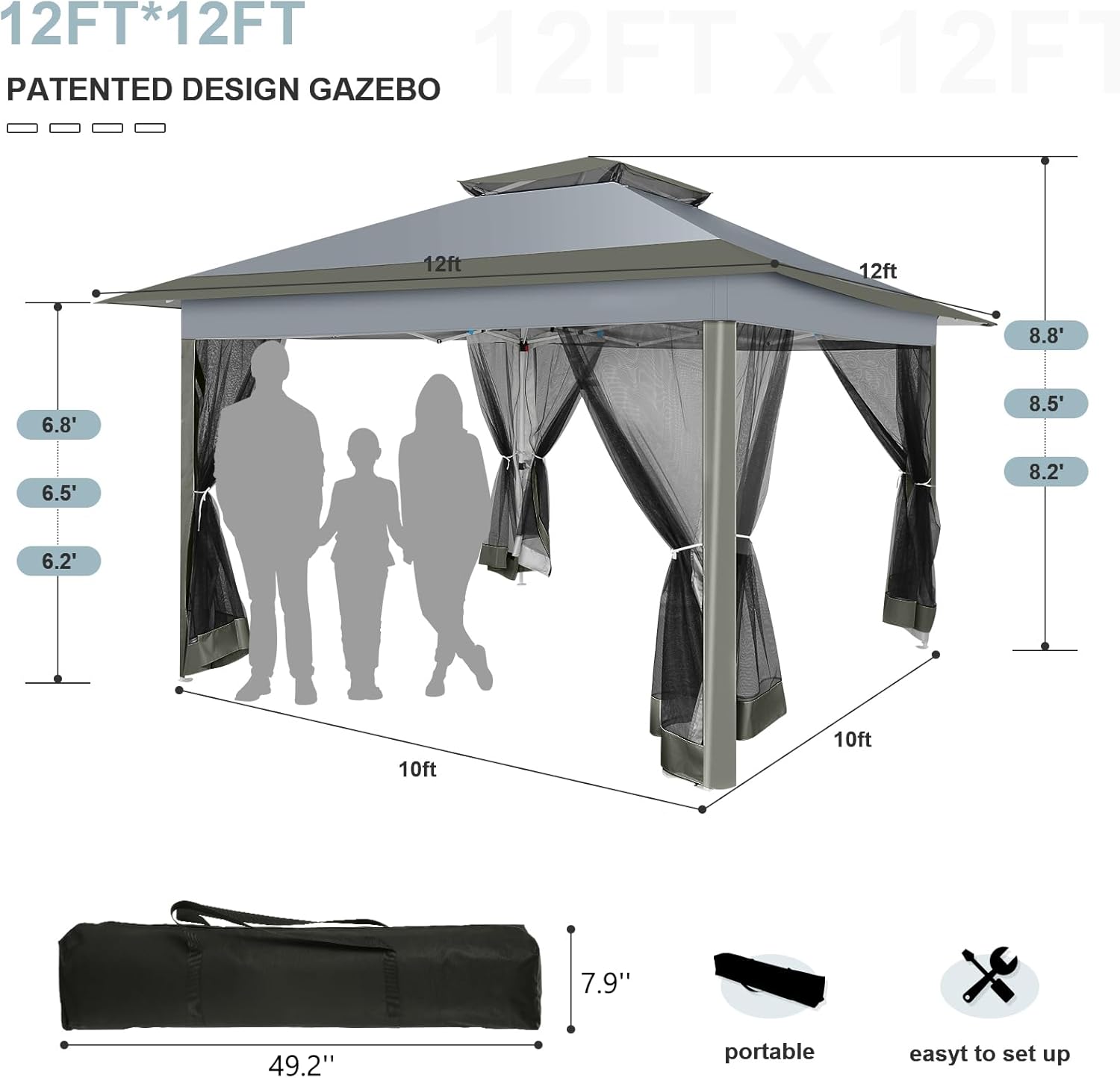 COBIZI 12x12 FT Pop up Gazebo on Clearance Outdoor pop up Canopy Tent,carpas para Patio, Shelter Tents with Netting & Portable Carry Bag, Patio Gazebos for Camping, Garden & Lawn, Darkgrey(Upgraded)