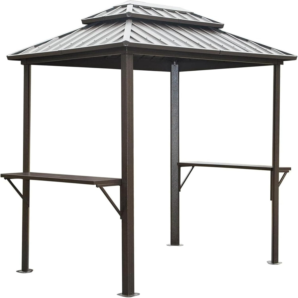 8'X6' Grill Gazebo Hardtop, Steel Grill Gazebo with Two Shelves Serving Tables, Permanent Double Roof Hard Top Gazebo, Heavy Duty Aluminum BBQ Gazebo for Patio, Deck, Backyard and Garden (Brown)