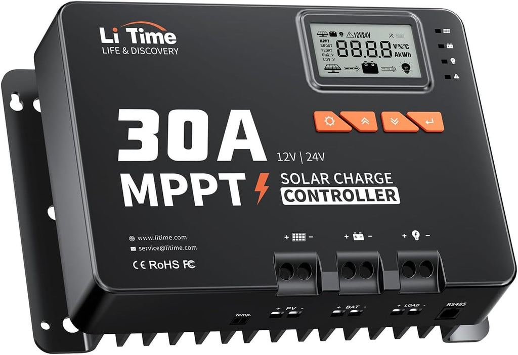 LiTime 30 Amp MPPT 12V/24V/Auto DC Input Solar Charge Controller Build-in Bluetooth Module, Parameter Adjustable LCD Display LED Indicators Solar Panel