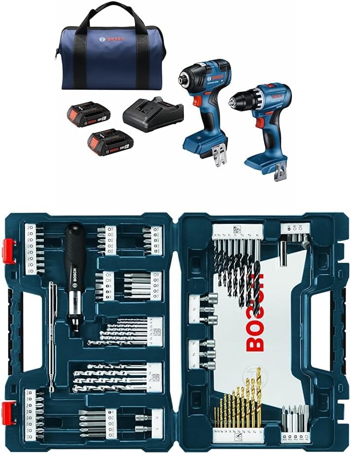Bundle of BOSCH GXL18V-27B22 18V 2-Tool Combo Kit + BOSCH MS4091 91-Piece Drilling and Driving Mixed Set with Included Case for Applications in Wood, Metal, Masonry