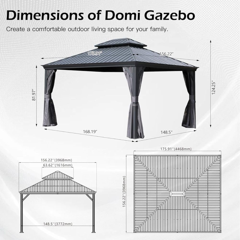 13x15FT Hardtop Gazebo with Netting & Curtains, Galvanized Steel Outdoor Gazebo, Water Resistant Double Roof with Drainage, Metal Patio Pergola for Backyard, Deck, Garden - Gray