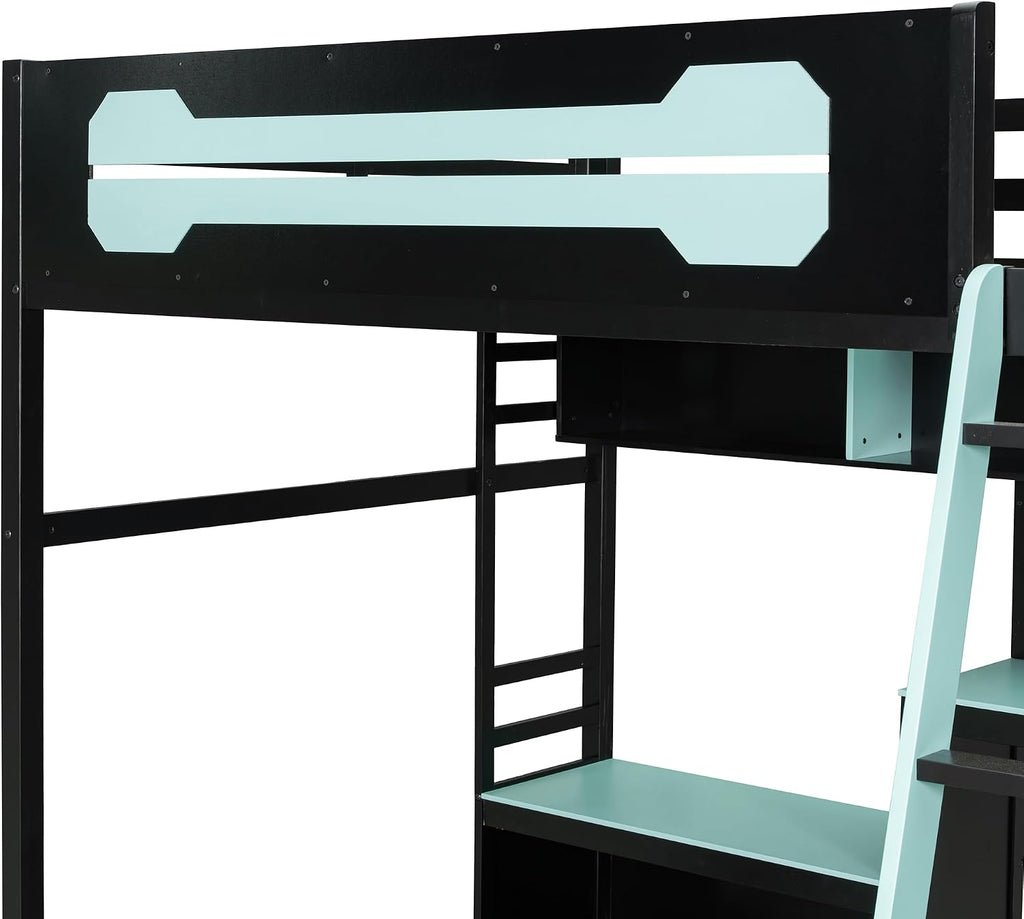 Harper & Bright Designs Full Size Wood Gaming Loft Bed with Desk and Storage Shelves, Modern Low Loft Bed Frame with LED Lights, USB Ports and Pegboard for Kids Teens Adults, Black+Blue