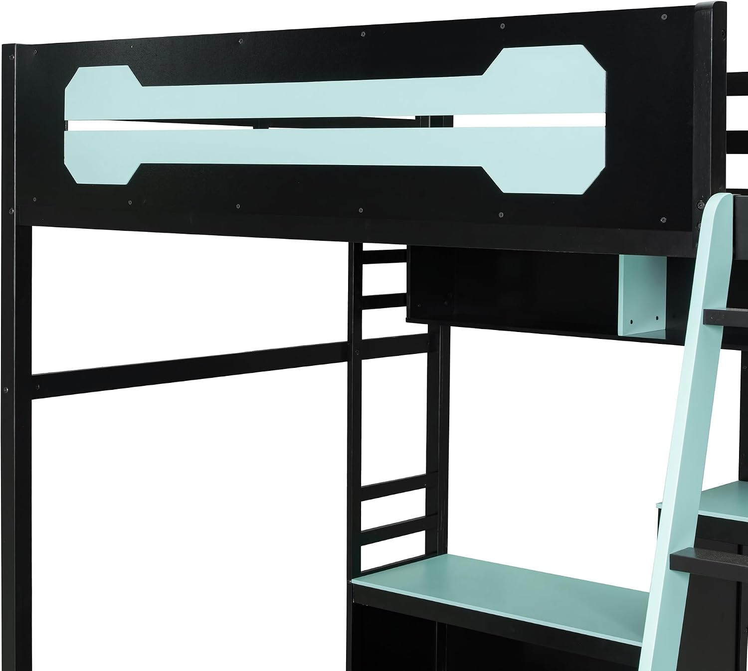 Harper & Bright Designs Full Size Wood Gaming Loft Bed with Desk and Storage Shelves, Modern Low Loft Bed Frame with LED Lights, USB Ports and Pegboard for Kids Teens Adults, Black+Blue