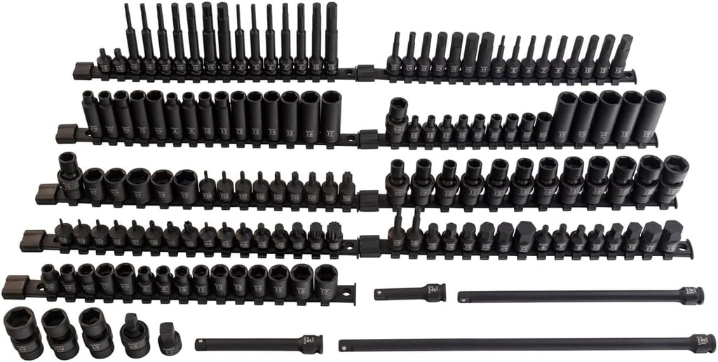 SUNEX 35145 3/8' Drive SAE & Metric 6 Point Standard & Deep with Universals, Star (E and Tamperproof), Triple Square, & Hex Bit, 145-Piece
