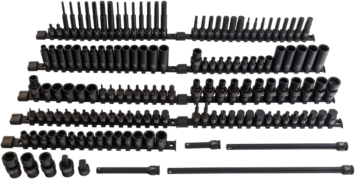 SUNEX 35145 3/8' Drive SAE & Metric 6 Point Standard & Deep with Universals, Star (E and Tamperproof), Triple Square, & Hex Bit, 145-Piece