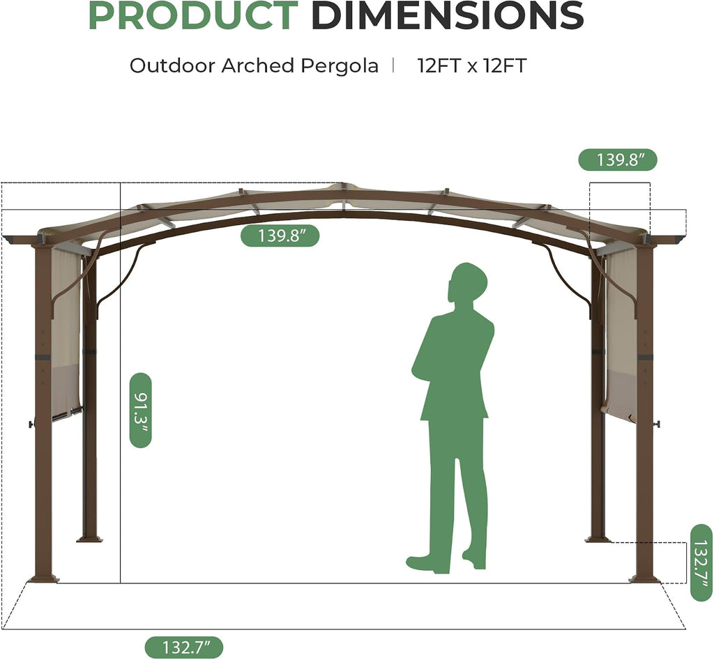 12' x12' Arched Outdoor Pergola for Deck, Outdoor Retractable Canopy and Hardware, Aluminum Frame with Canopy Fixed in Various Positions (Brown)