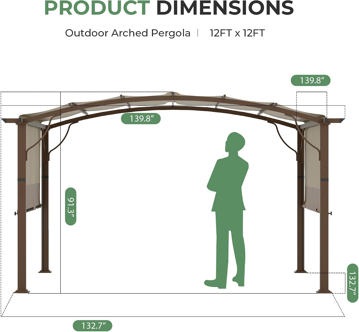12' x12' Arched Outdoor Pergola for Deck, Outdoor Retractable Canopy and Hardware, Aluminum Frame with Canopy Fixed in Various Positions (Brown)