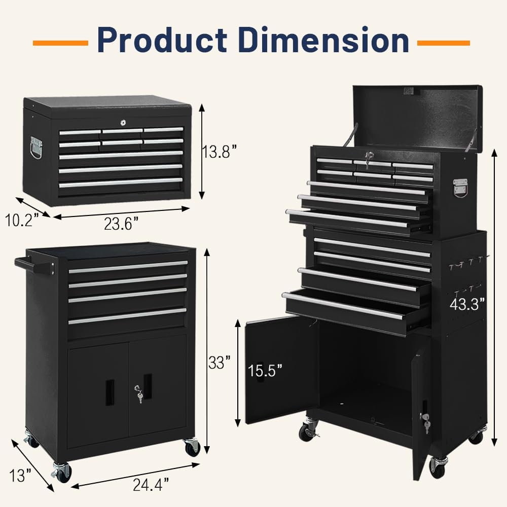 13-Drawer Double Door Rolling Tool Chest, 2 in 1 Detachable Tool Chest,Tool Box with Drawers and Wheels, Large Tool Cabinet with Lock, Metal Standing Toolbox for Garage Workshop-Black