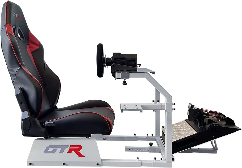 GTR Simulator GTA Model Silver Frame with Adjustable Leatherette Racing Seat Gaming Simulator Cockpit Chair | RS30 Wheel | V3 Pedal Setup (GTA with RS30 Wheel & V3 2-Pedal Setup)