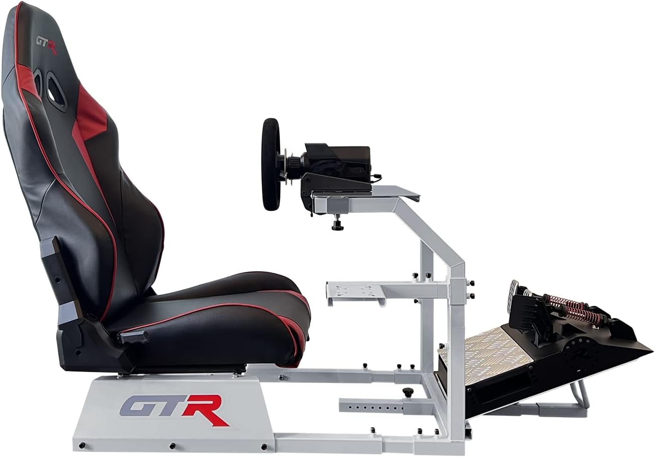 GTR Simulator GTA Model Silver Frame with Adjustable Leatherette Racing Seat Gaming Simulator Cockpit Chair | RS30 Wheel | V3 Pedal Setup (GTA with RS30 Wheel & V3 2-Pedal Setup)