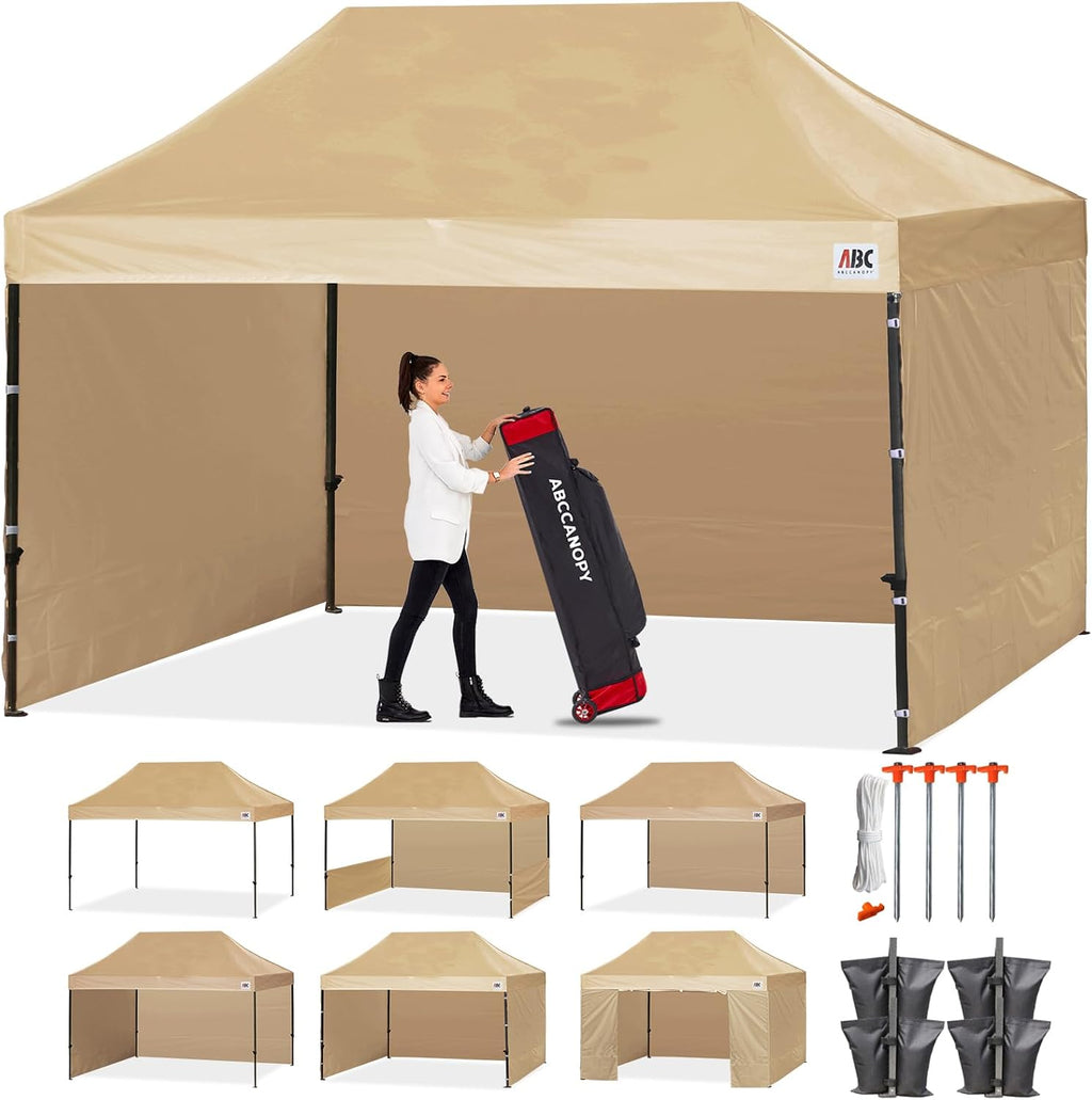ABCCANOPY Heavy Duty Easy Pop up Canopy Tent with Sidewalls 10x15, Beige