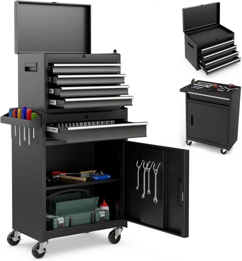 ERGOMASTER Tool Chest Heavy Duty Rolling Tool Box with Cabinet 5-Drawer for Lockable & Removable Cabinet for Garage and Workshop - Black