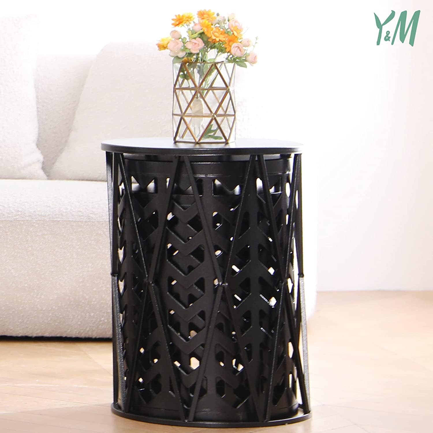 Y&M Set of 3 Black End Tables, Nesting Metal Round Coffee Table, Heavy Duty Meta Plant Stand Decorative Garden Stool, Outdoor Multifunctional Use