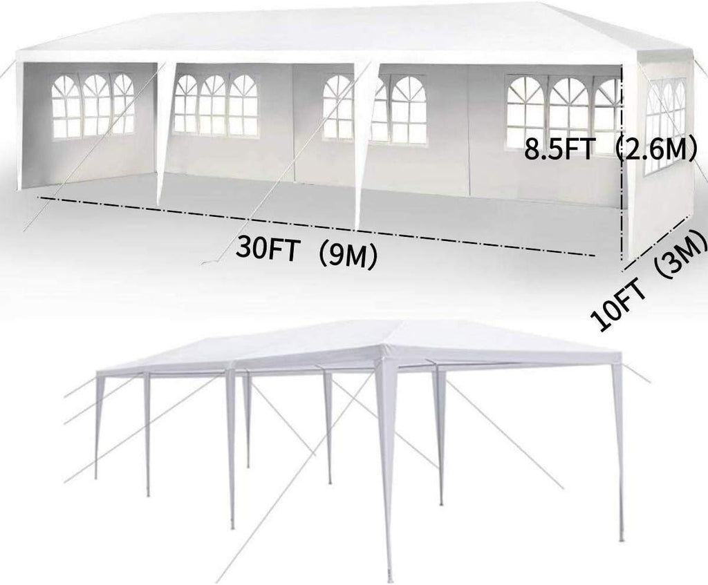10'x30' Party Canopy Tent Outdoor Wedding Waterproof UV Protection Gazebo Pavilion with 5 Removable Sidewalls Heavy Duty Portable Camping Shelter BBQ Pavilion Canopy Cater Events, White