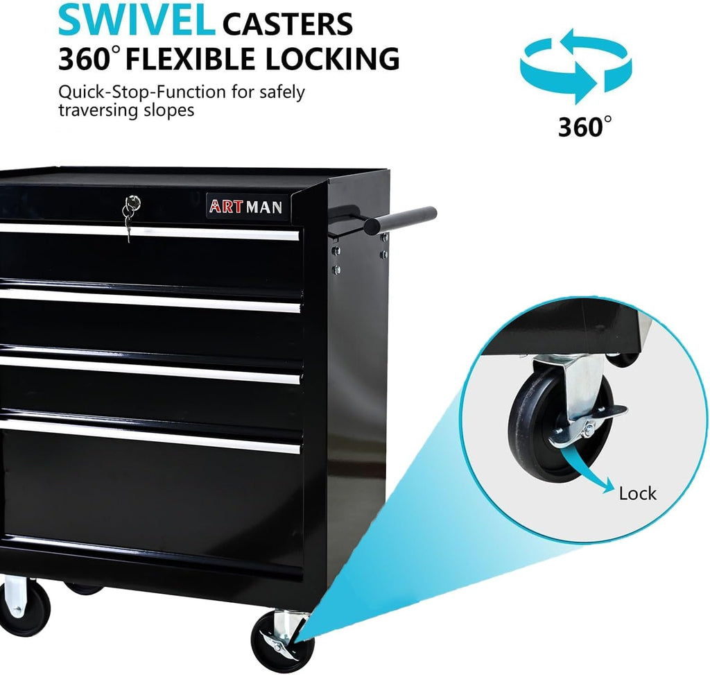 Aokleo 4 Drawers Tool Cart on Wheels, 4 Drawer Rolling Tool Chest with Key Lock, Trolley Organizer Tool Case, Multifunctional Rolling Tool Box for Garage,Warehouse,Workshop,Repair Shop (Black)