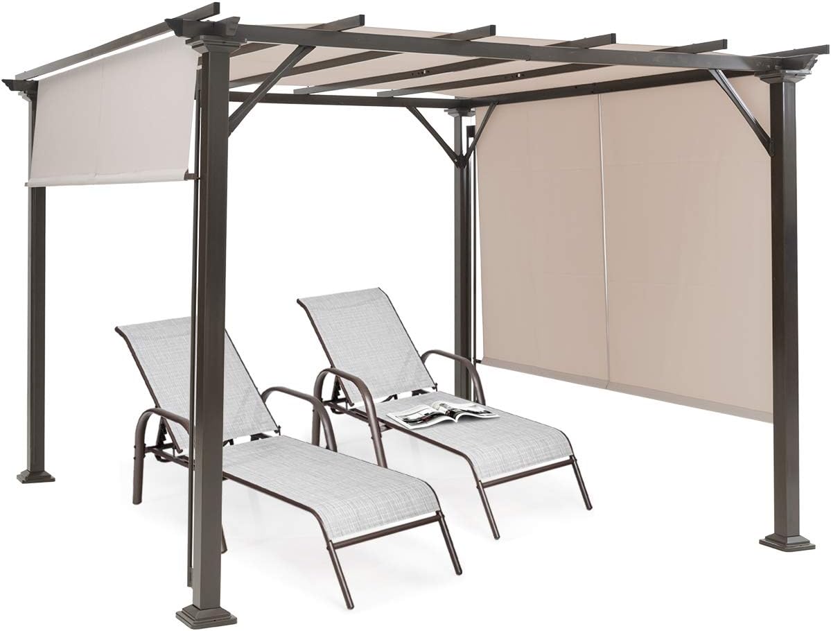 Tangkula 10x10FT Outdoor Patio Shade Structure, Steel Pergola with Retractable Canopy Shades, Rustproof Metal for Patio, Backyard, Garden (Beige)