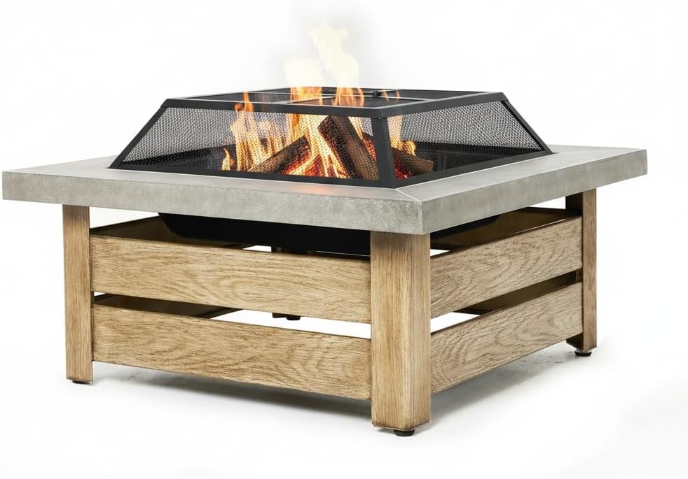 WILDMOS Firepits for Outside，Wood Burning Fire Pit with Wood-Grain Side Panels,Firepit for Outside with Mesh Cover & Fire Poker,Square Modern Outdoor Fireplace Fire Table. (Countryside)