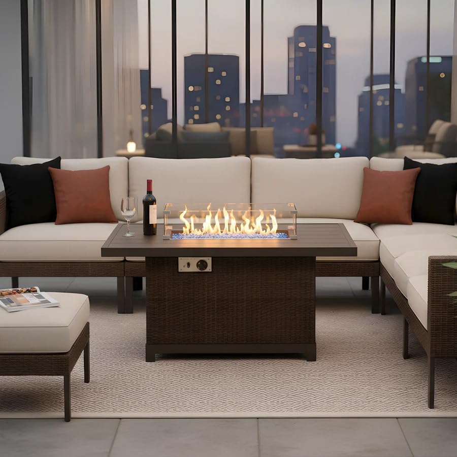 52-Inch Propane Fire Pit Table Rectangular 50,000 BTU Outdoor Gas Fire Pit for Patio & Backyard Aluminum Frame 2-in-1 Firepit Dining Table with Glass Wind Guard Rain Cover and Blue Glass Rocks Brown