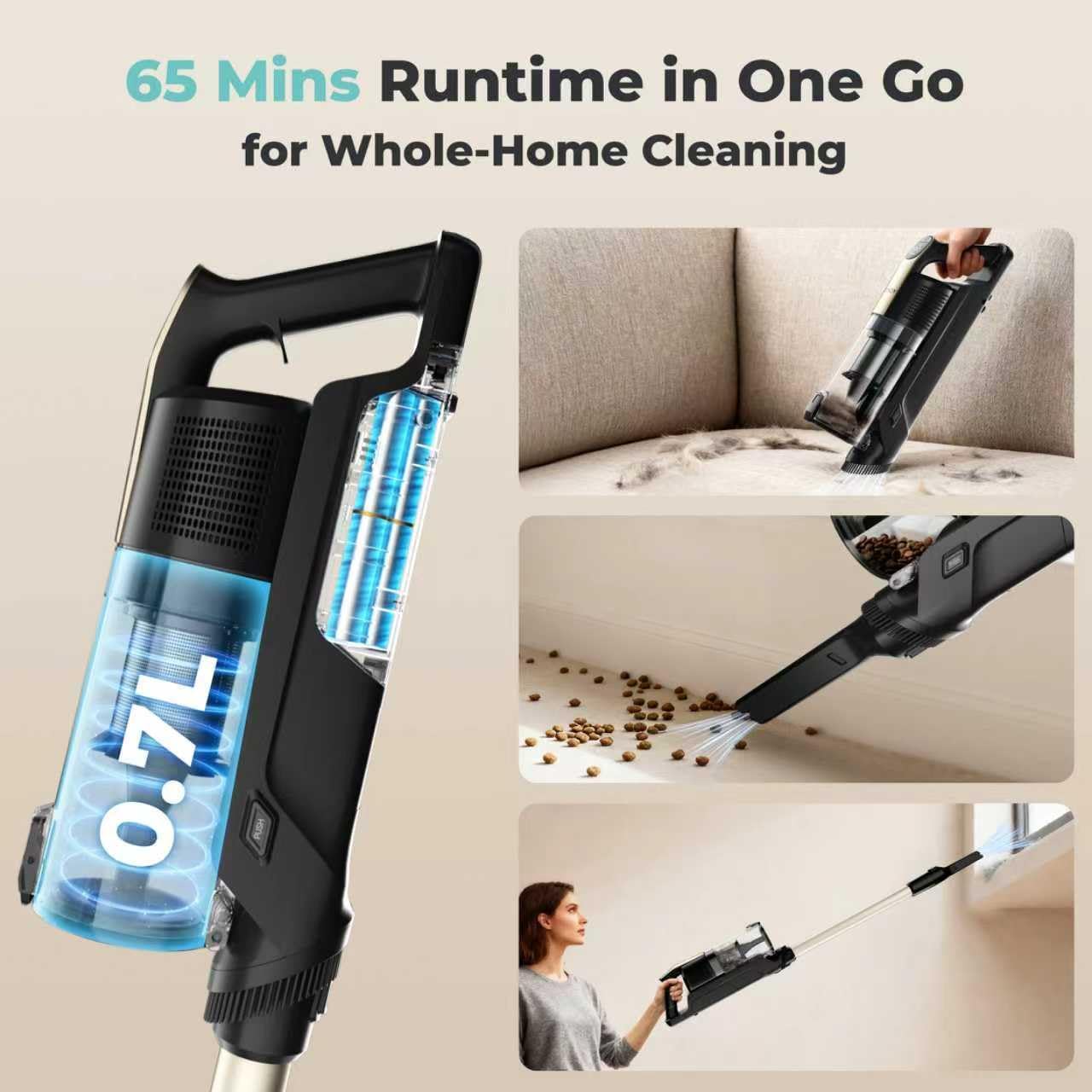 CANDY Cordless Vacuum Cleaner,65Mins Stick Vacuum Cleaners for Home,400W/190AW Powerful Suction,Anti-Tangle,LED Display,Self-Standing,One-Click Clean,Handheld,Hardwood Floor/Carpet/Pet Hair,CVS30