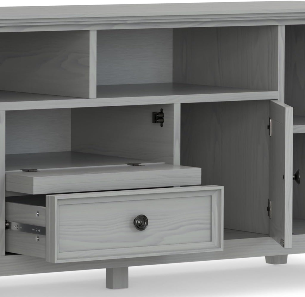 SIMPLIHOME Amherst TV Stand - 72 inch Wide Solid Wood Media Console in Fog Grey, Transitional Entertainment Center for Living Room for TVs up to 80 Inches with Shelves and Cable Management