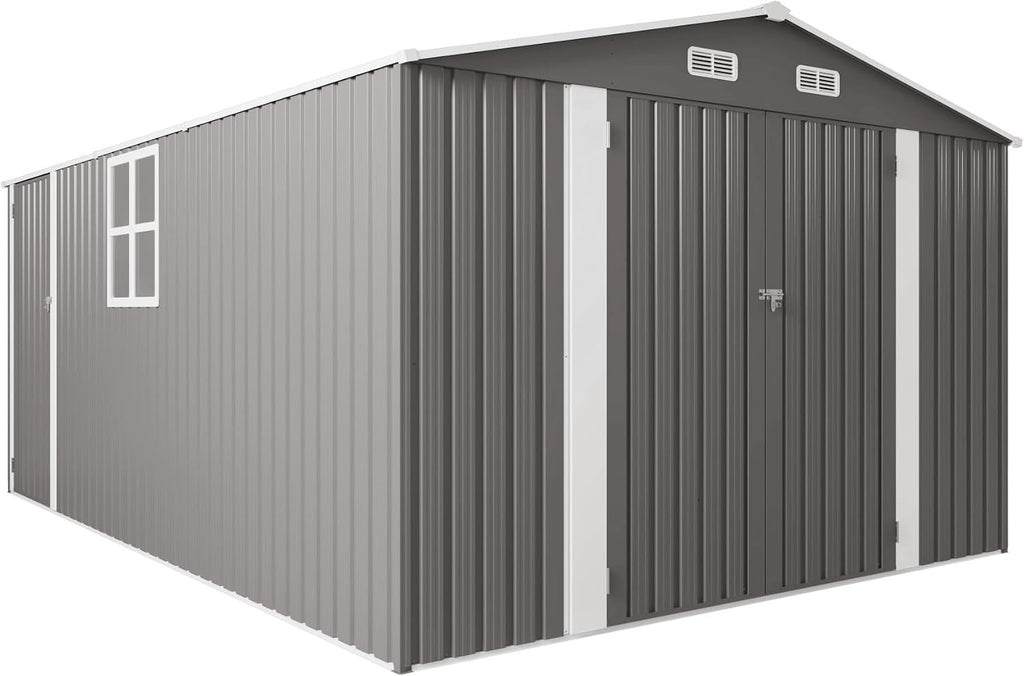 10x14 FT Outdoor Metal Storage Shed, Large Garden Backyard Tool Shed with Lockable Doors, Windows and Vents, Multi-Purpose Outside Bike Storage Sheds for Patio, Lawn, Poolside, Lawn Mowers, Gray