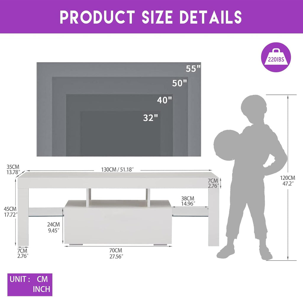HOUAGI LED TV Stand for 32-55 Inch TV,Modern High Gloss Entertainment Center w/Storage Drawer and Color Changing Lights Video Gaming,Movies,Home Decor White-2