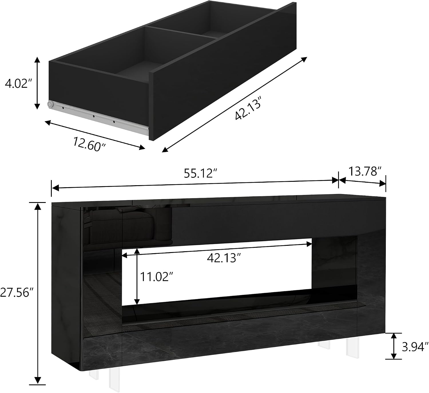 High Gloss TV Stand with 2 Large Drawers & Push-Open Doors - High Gloss Modern TV Console Storage Cabinet for Living Room, Office