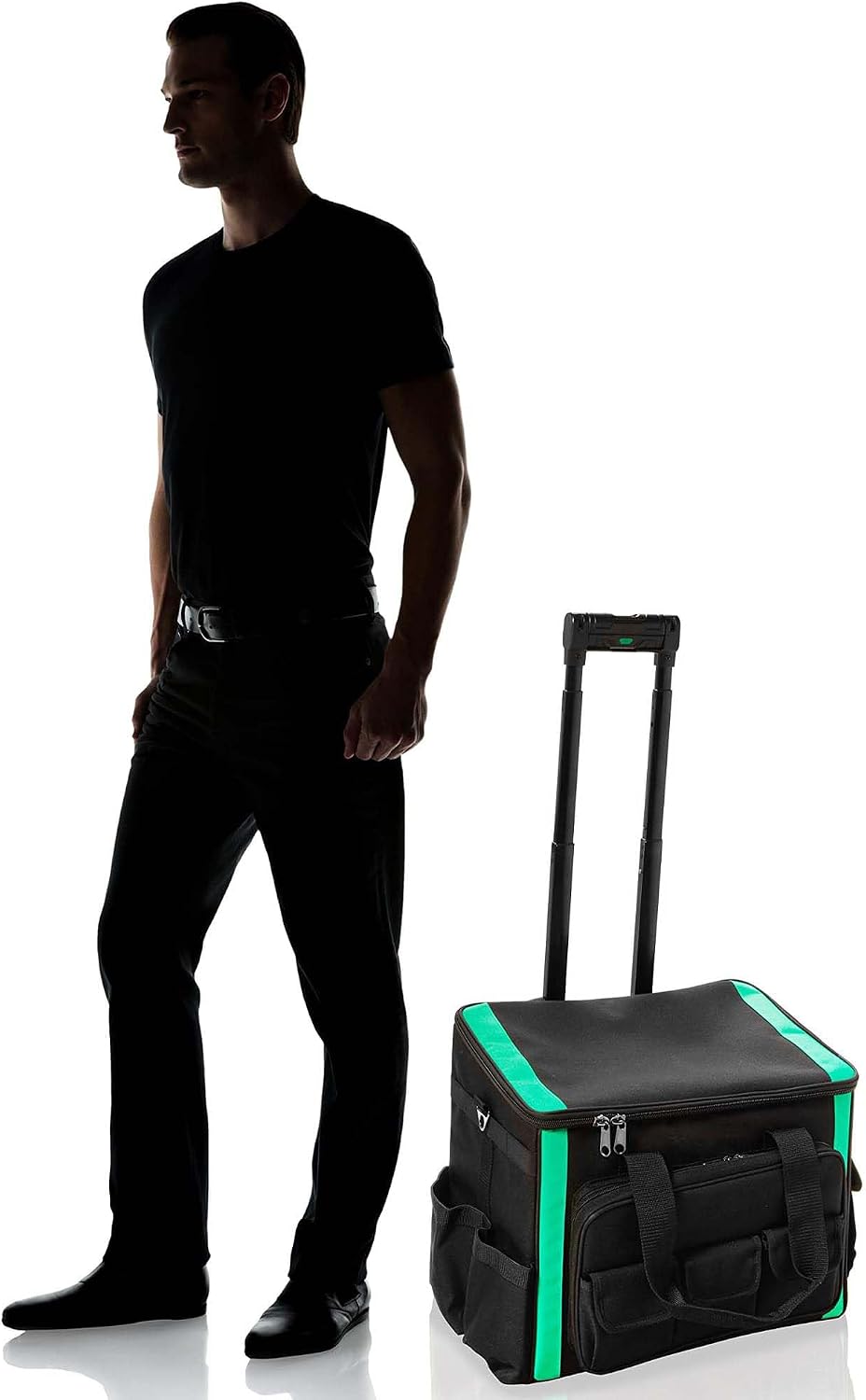 Amazon Basics Tool Storage Rolling Bag with LED Light, 20 Pockets, Adjustable Shoulder Strap, Black