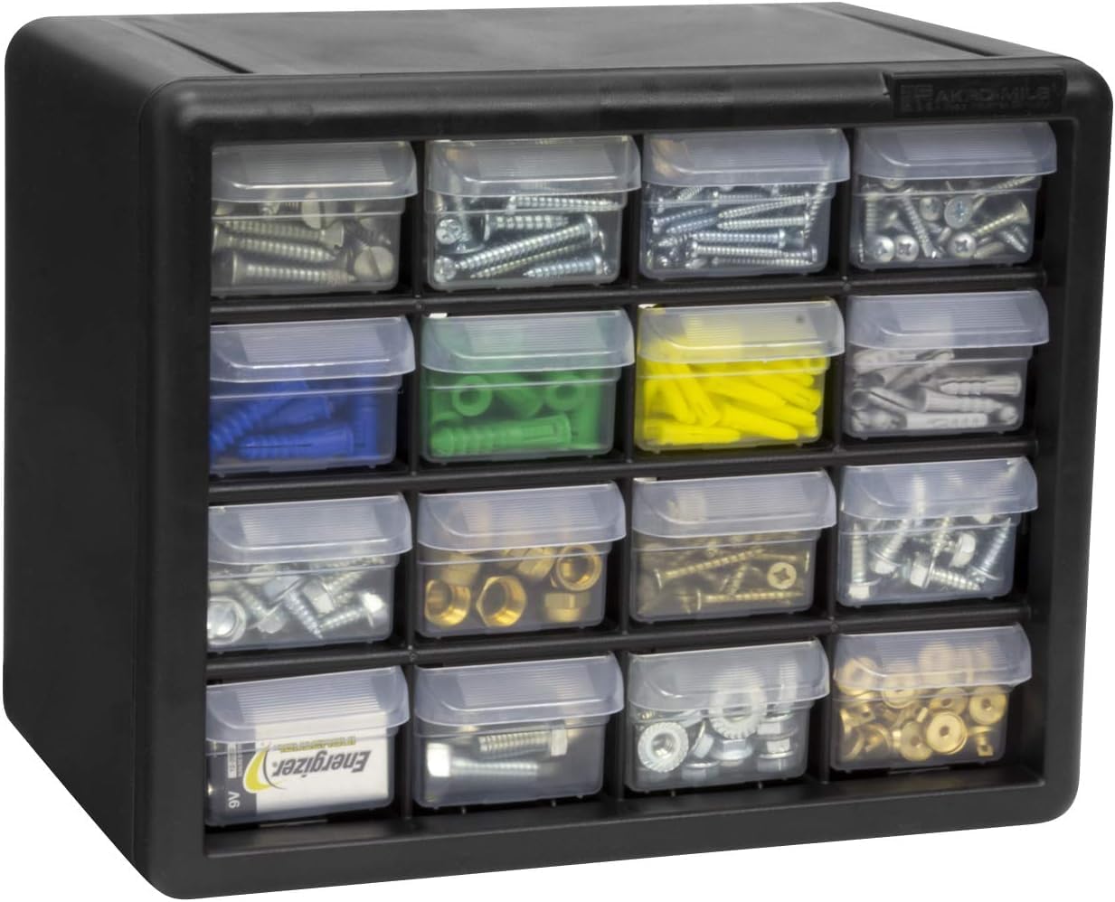 Akro-Mils 16-Drawer Plastic Cabinet for Garage Organization, Beads, Makeup Organizer, Building Bricks Storage, Teacher Toolbox, 10-1/2' W x 6-1/2' D x 8-1/2' H, 10716 Black (Pack of 4)