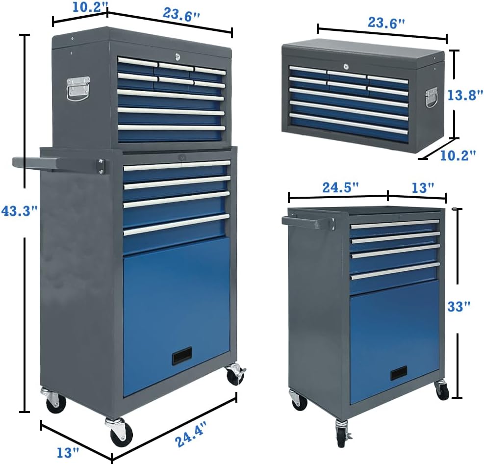 13 Drawers Tool Chest with Wheels,Large Capacity Tool Storage Cabinet with Removable Top Toolbox, Locking Mechanical Tool Cart with Liner,Suitable for Garages, Warehouses-Blue&Grey