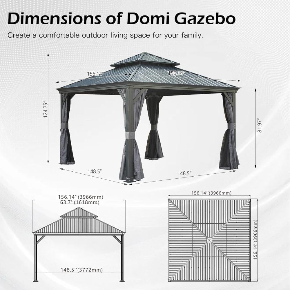 13x13FT Outdoor Hardtop Gazebo, Galvanized Steel Double Roof Gazebo with Drainage System, Includes Privacy Curtains & Netting, Water & Wind Resistant Metal Pergola for Patio, Deck, Backyard, Gray
