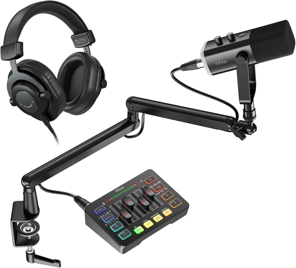 FIFINE Gaming Equipment Bundle with XLR/USB Dynamic Mic, Low Profile Arm, Audio Mixer, Over-Ear Headphones, XLR Cable for Streaming, Podcast, Recording, Vocal, Game Voice