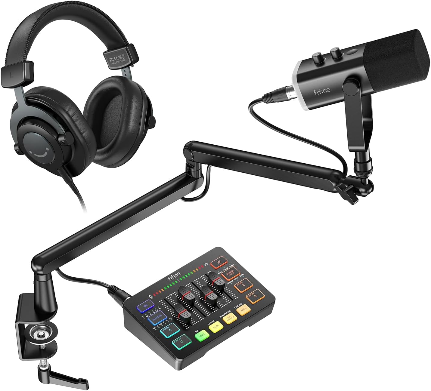 FIFINE Gaming Equipment Bundle with XLR/USB Dynamic Mic, Low Profile Arm, Audio Mixer, Over-Ear Headphones, XLR Cable for Streaming, Podcast, Recording, Vocal, Game Voice