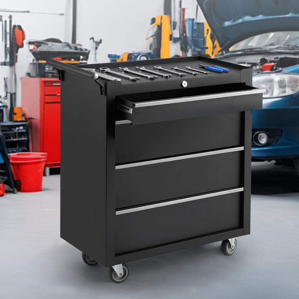 4-Drawer Tool Chest With Wheels, Rolling Tool Cart With Caster Wheels, Sliding Drawers and Protective Liner, Lockable Storage Cabinet for Garage, Workshop, Warehouse