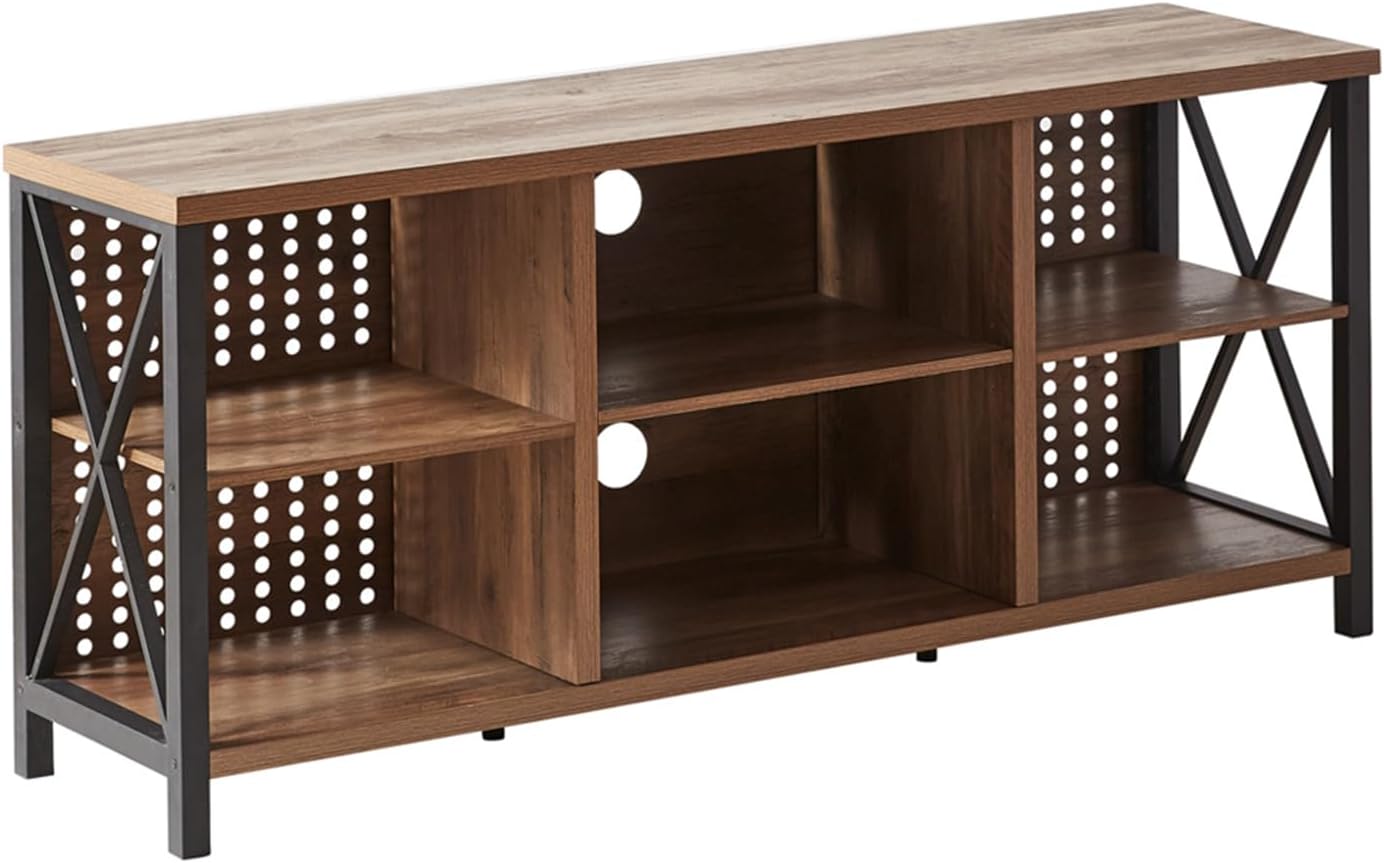 LVB TV Stand for 75 Inch TV, Large Industrial Rustic Entertainment Center with Storage Shelves, Long Modern Wood Metal Television Stand with TV Table Cabinet for Home Living Bedroom, Rustic Oak, 63 In