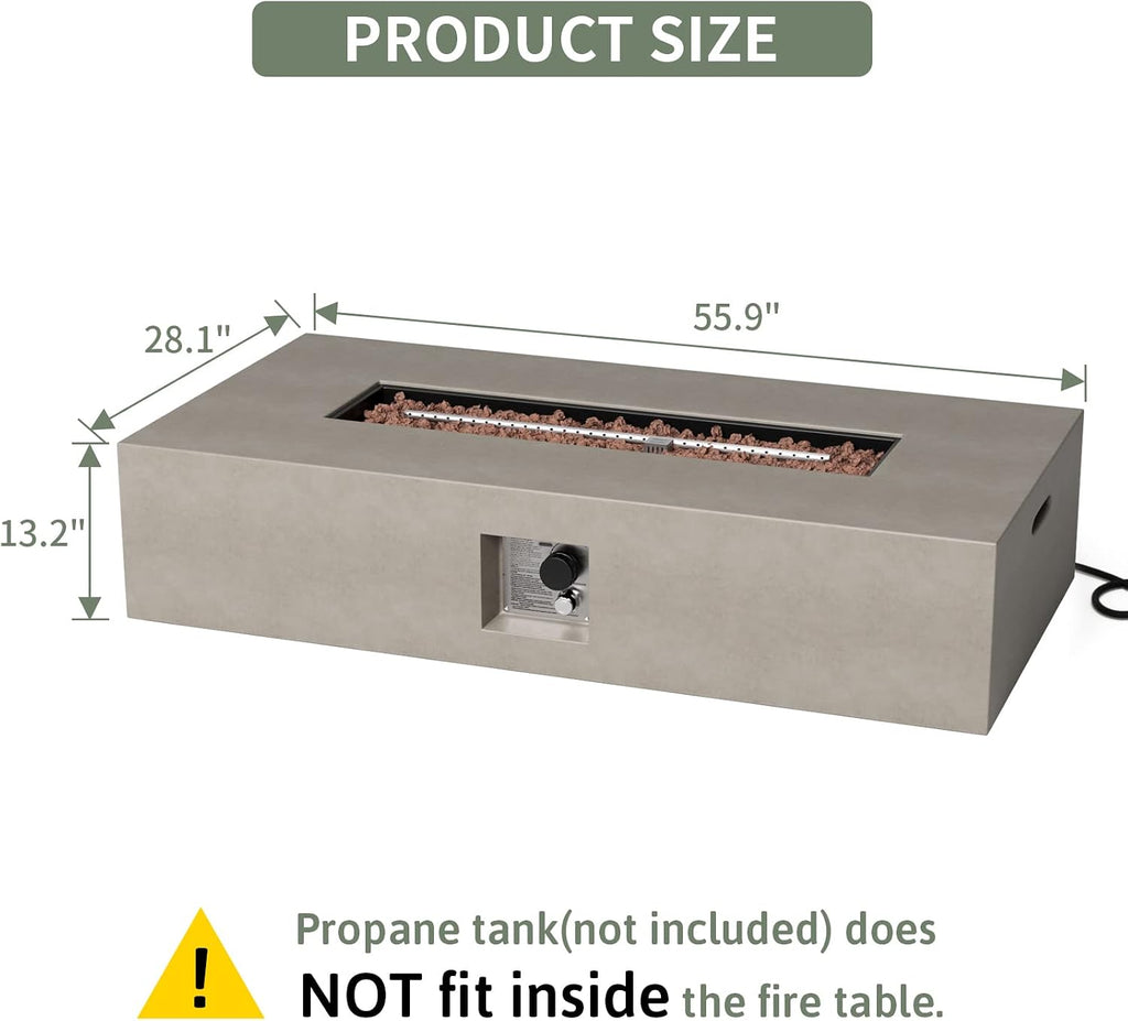 COSIEST 56-inch x 28-inch Outdoor Propane Fire Pit Coffee Table w Concrete Rectangle Base, Certified, 50,000 BTU, Free Lava Rocks and RainCover, Fits 20lb Tank Outside(Gray)
