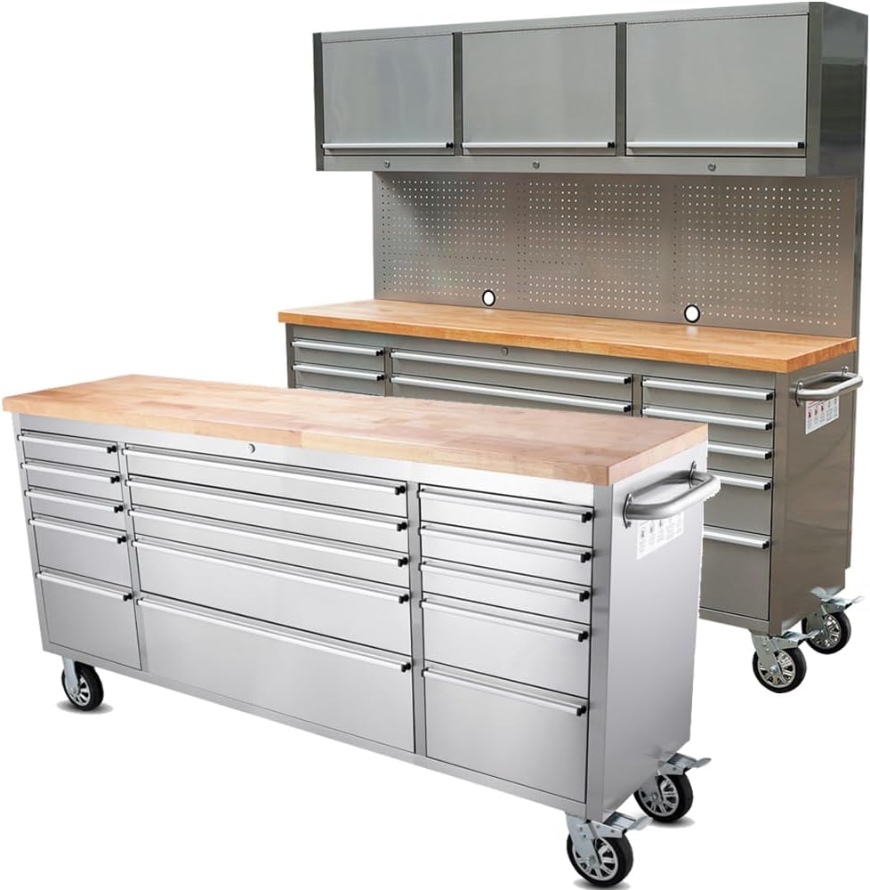 2 Pack - 72' Stainless Steel Rolling Tool Chest with 15 Drawers + 3 Upper Cabinets, Mobile Workbench, Assembled Large Tool Box Lockable Storage Cabinet with Wheels (1 × HTC7215W1 + 1 × HTC7218W1)