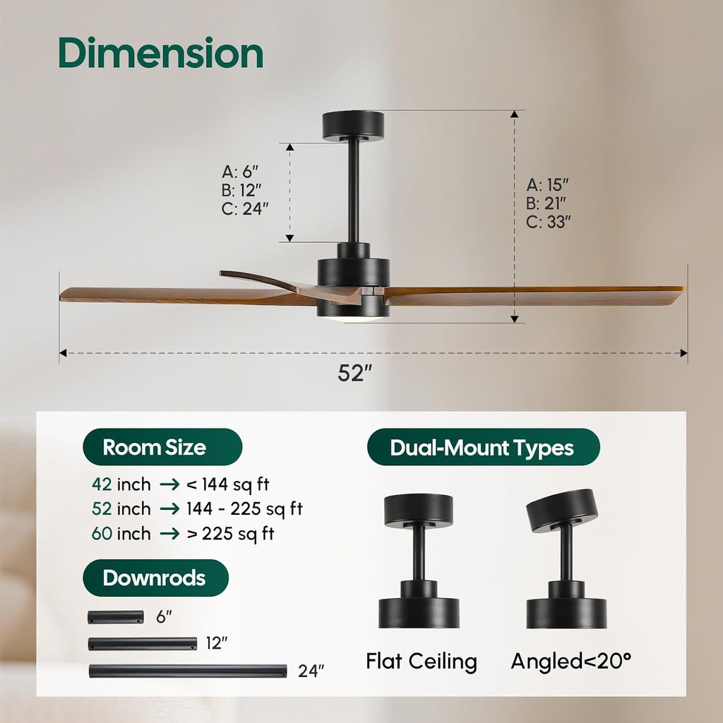 52 Inch Outdoor Ceiling Fan with Lights Remote, Smart Control via Alexa/App, High CFM Quiet Reversible DC Motor, Modern Farmhouse Solid Wood Blades Damp Rated, for Indoor Living Room Exterior Patio