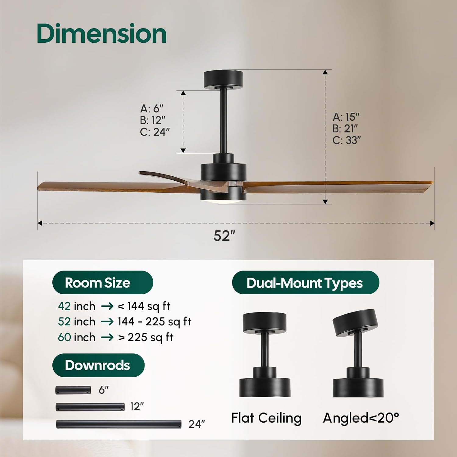 52 Inch Outdoor Ceiling Fan with Lights Remote, Smart Control via Alexa/App, High CFM Quiet Reversible DC Motor, Modern Farmhouse Solid Wood Blades Damp Rated, for Indoor Living Room Exterior Patio