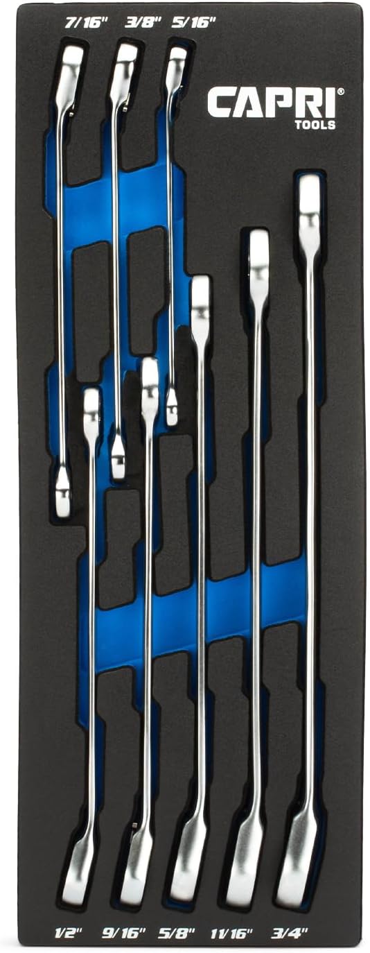 Capri Tools 120-Tooth Ultra-Smooth Reversible Ratcheting Wrenches Set, XL Long Series, 12-Point, 5/16 to 3/4 in., SAE, 8-Piece with Mechanic's Tray