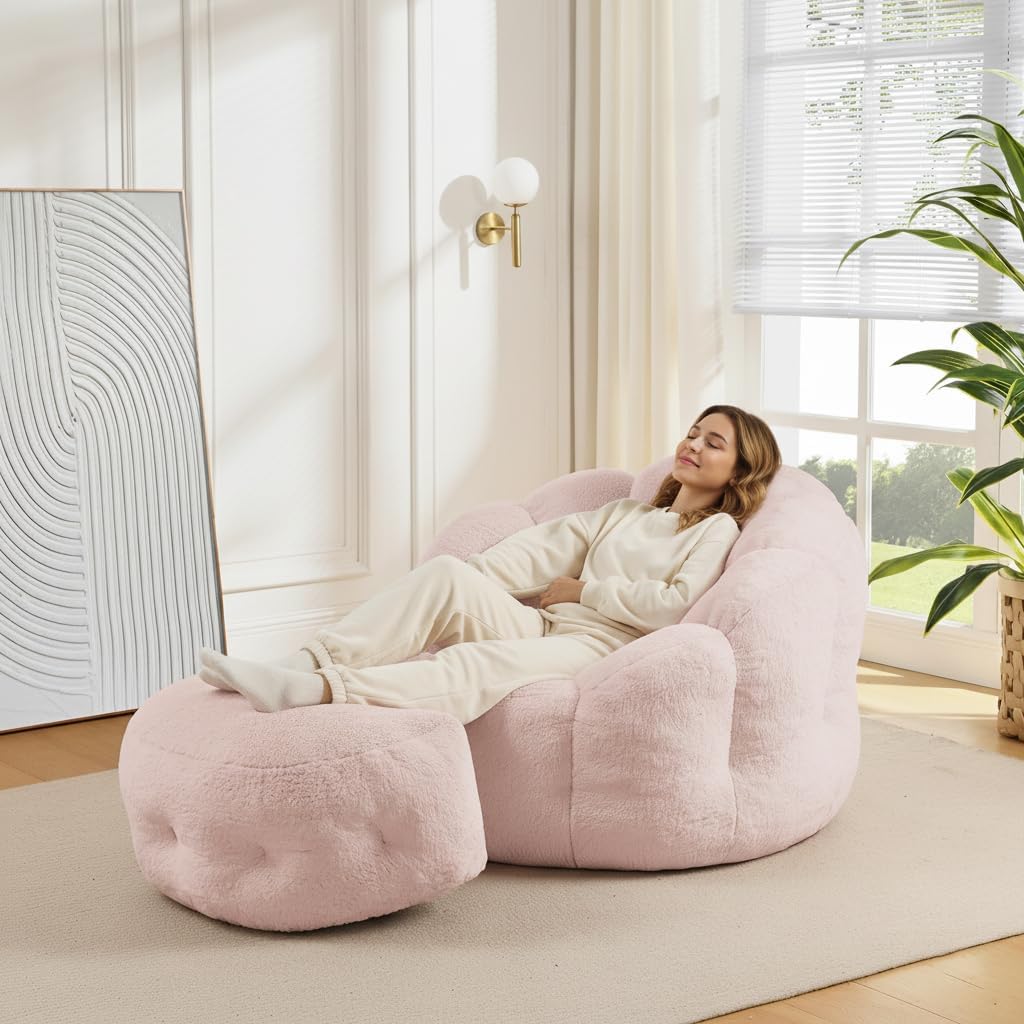 Bean Bag Chair with Ottoman, Pink Flower Bean Bag Chairs for Adults and Teens, Comfy Plush Faux Fur Reading Chair for Living Room, Bedroom, Apartment, Dorm