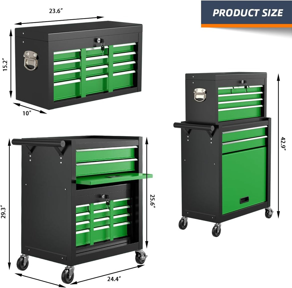 8-Drawer Rolling Tool Box, Lockable Rolling Tool Chest with Wheels and Drawers, 2 in 1 Large Capacity Storage Tool Cabinet for Warehouse, Garage, Tool Room and Repair Shop (Black&Green)