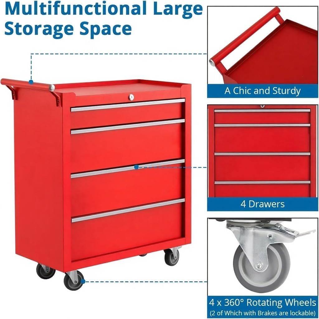 Tool Chest with Wheels, 4 Drawer Rolling Tool Storage Cabinet Cart, Portable Toolbox Organizer with Locking System, Drawer Liners for Garage, Workshop, Shop, Mechanic, Red
