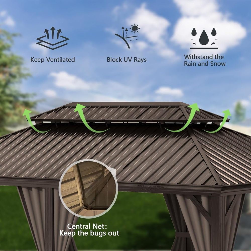13x13FT Outdoor Gazebo Hardtop, Galvanized Steel Double Roof Metal Gazebo with Drainage System, Includes Privacy Curtains & Netting, Patio Pergola for Backyard Deck Garden, Brown