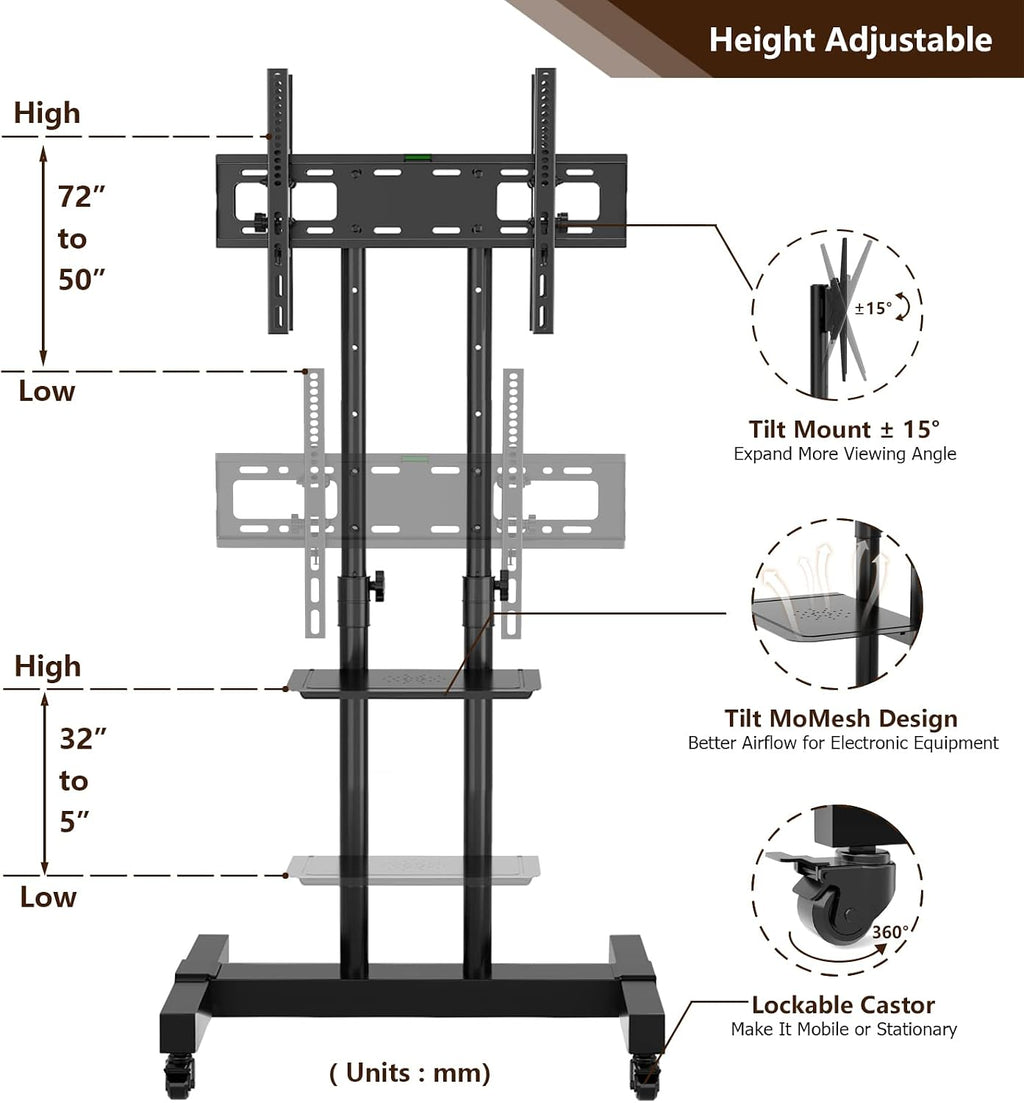 Mobile TV Stand Rolling TV Cart Floor Stand with Mount on Lockable Wheels Height Adjustable Shelf for 32-83 Inch TV Stand Flat Screen or Curved TVs Monitors Display Trolley (Black with 2 TV Brackets)
