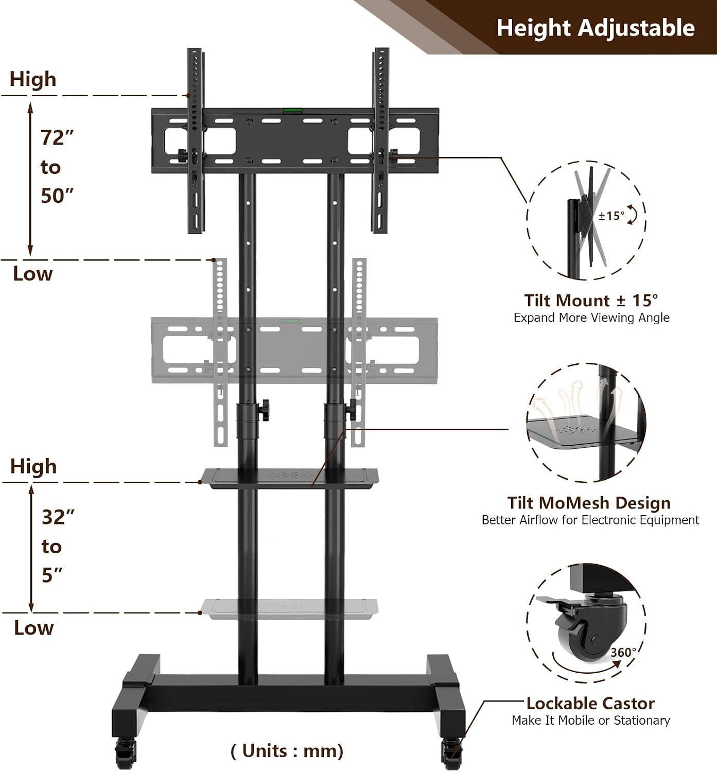 Mobile TV Stand Rolling TV Cart Floor Stand with Mount on Lockable Wheels Height Adjustable Shelf for 32-83 Inch TV Stand Flat Screen or Curved TVs Monitors Display Trolley (Black with 2 TV Brackets)