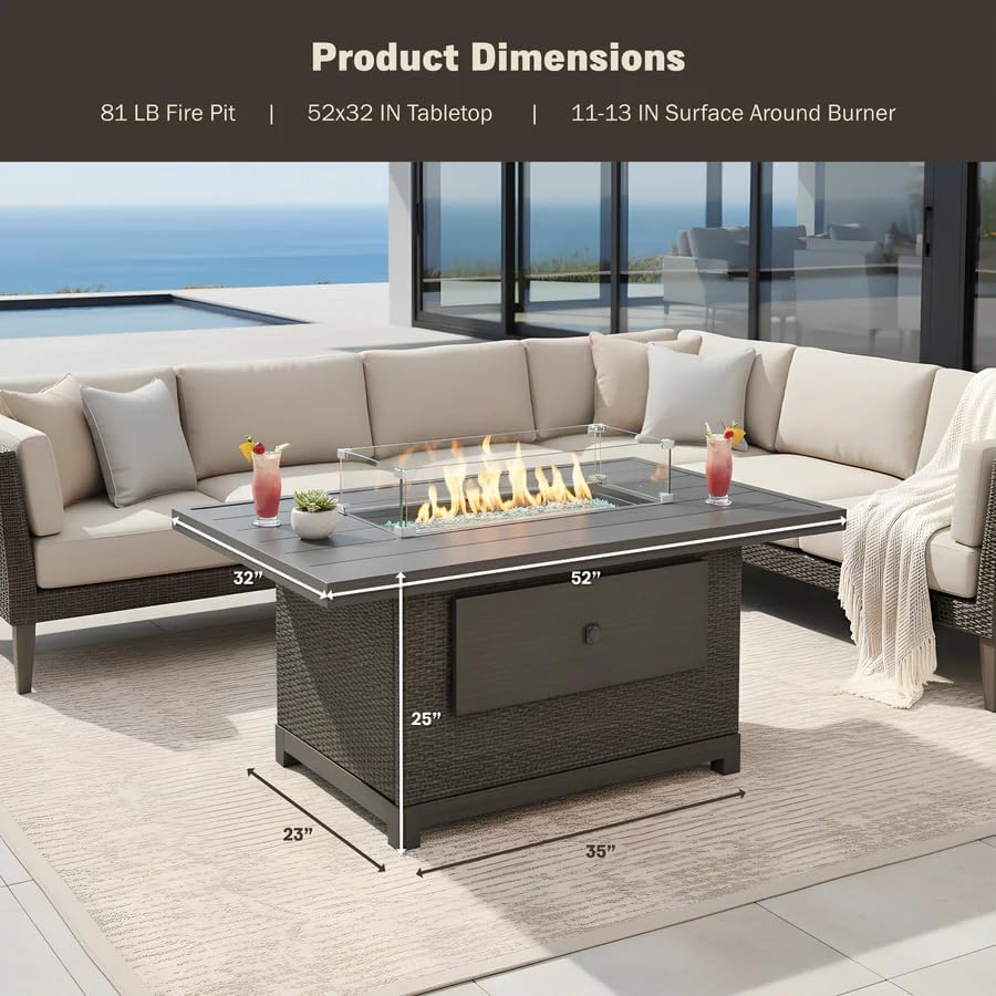 52-Inch Propane Fire Pit Table Rectangular 50,000 BTU Outdoor Gas Fire Pit for Patio & Backyard Aluminum Frame 2-in-1 Firepit Dining Table with Glass Wind Guard Rain Cover and Blue Glass Rocks Brown