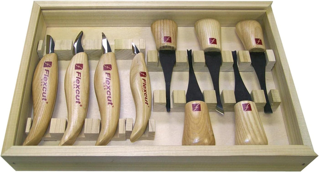 Flexcut Wood Carving Tools | Deluxe Palm & Knife Set | Includes 4 Carving Knives and 4 Palm Tools | 1095 High Carbon Steel Blades | Ash Hardwood Handles | KN700 | Made in the U.S.A.
